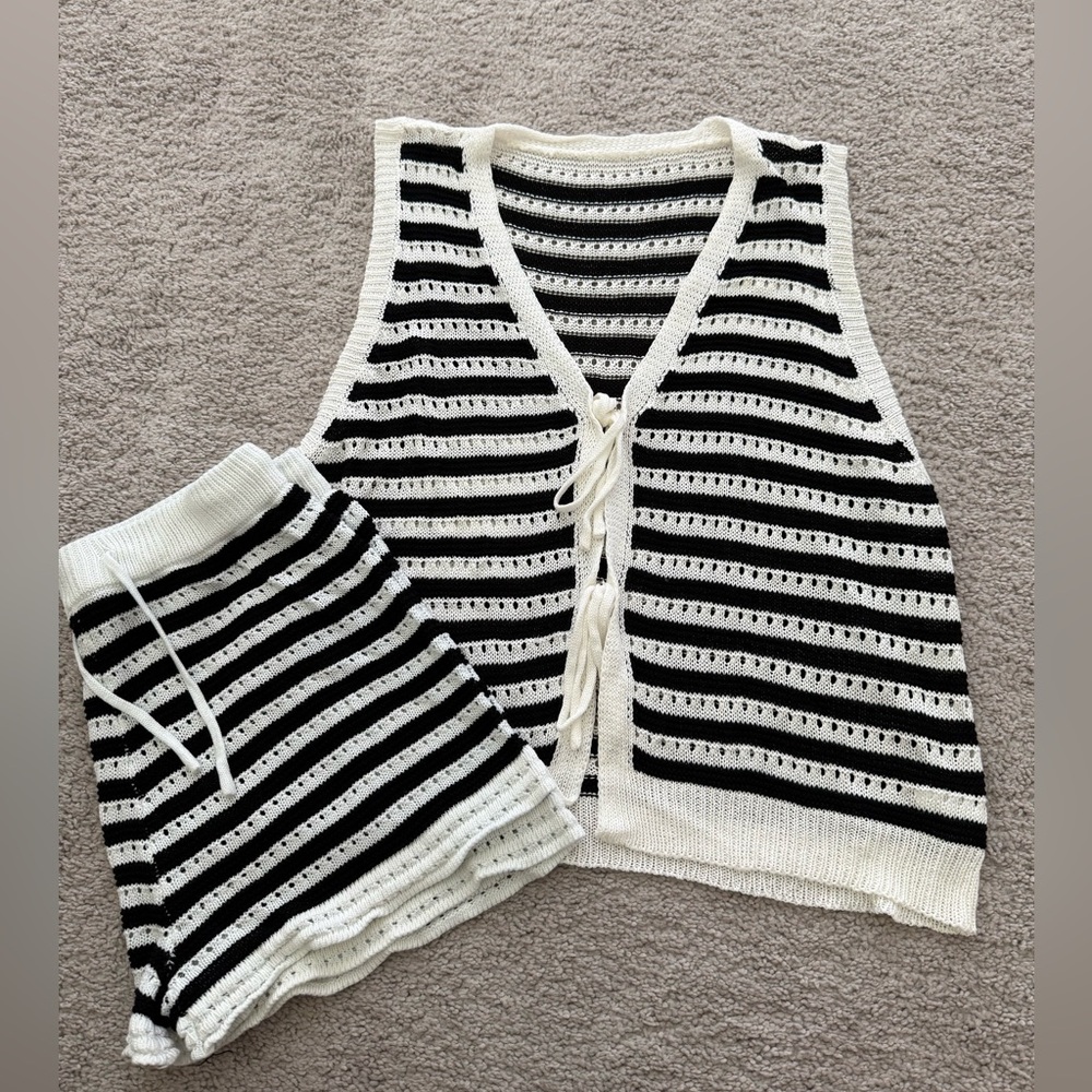 Black and White Striped Knit Vest and Shorts Set